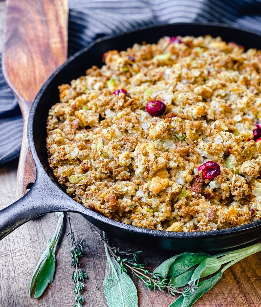 thanksgiving dressing in a cast iron pan