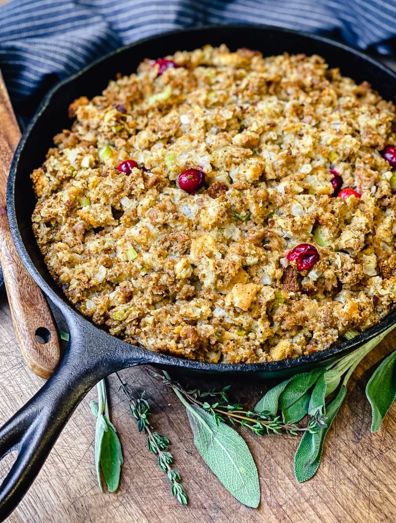 cast iron pan of cranberry sausage stuffing