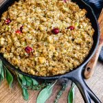 thanksgiving dressing in a cast iron pan