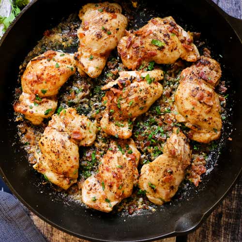 Garlic Parmesan and Bacon Chicken Thighs ready to serve