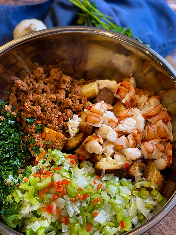 ingredients ready to mix for Lobster and Chorizo Stuffing