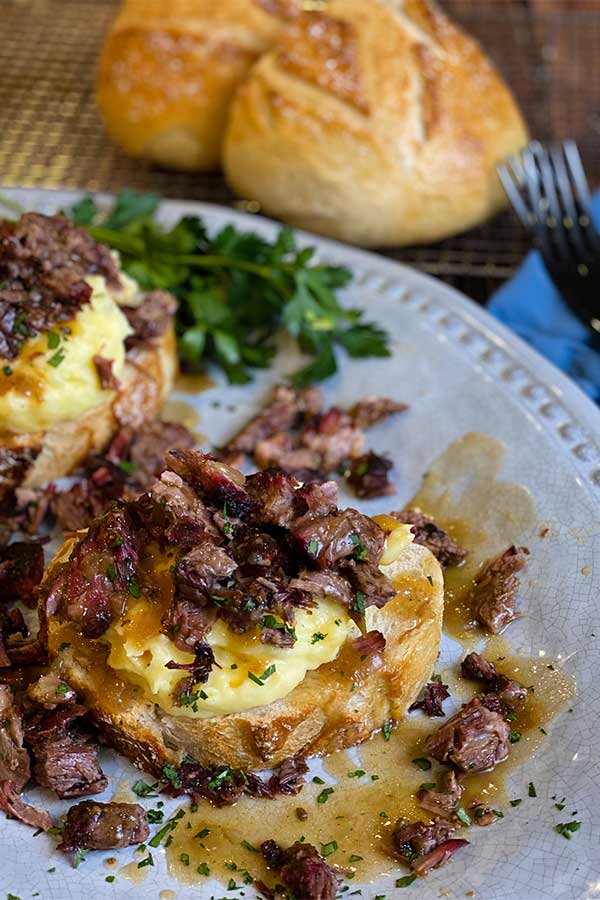 Open-faced hot beef sandwich ready to serve