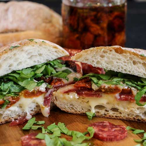 Spicy salami & Roasted tomato sandwich ready for eating!