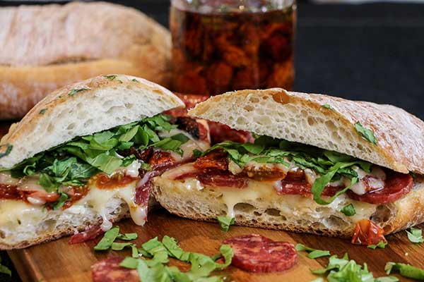 Spicy salami & Roasted tomato sandwich ready for eating!