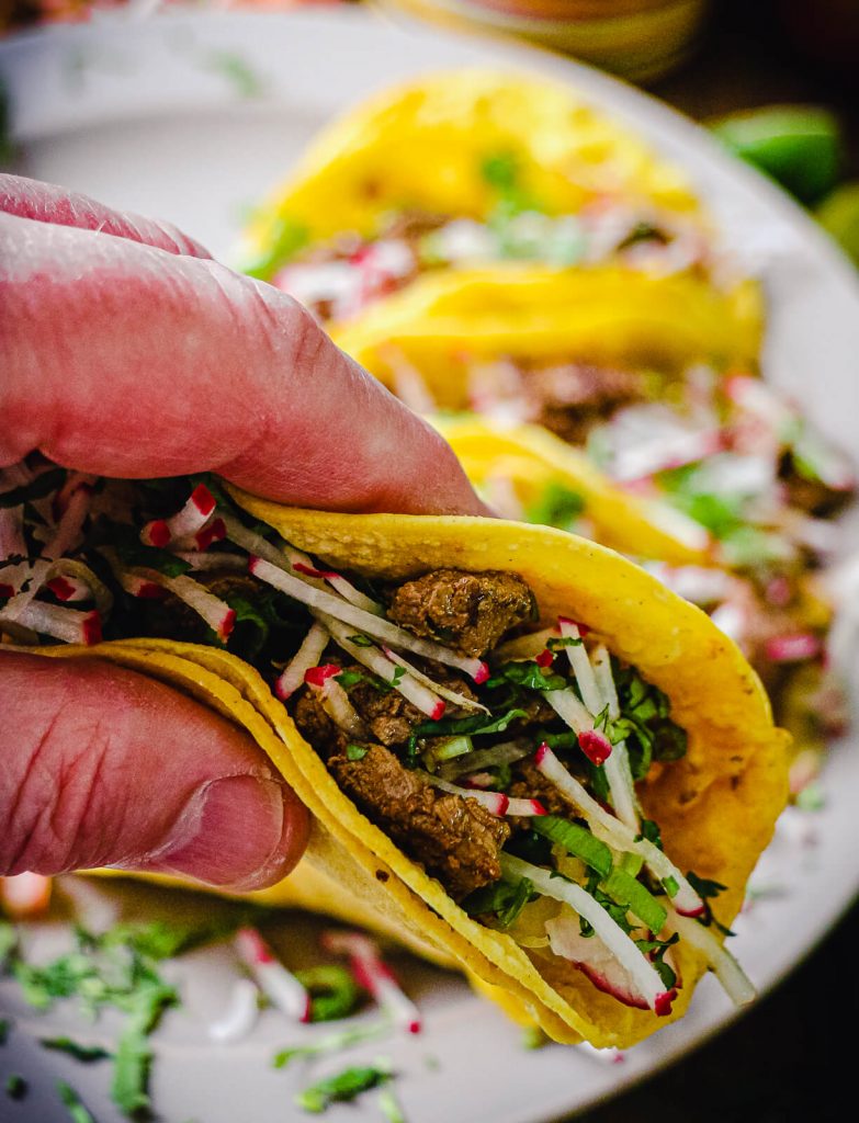 hand holding a Mexican street taco