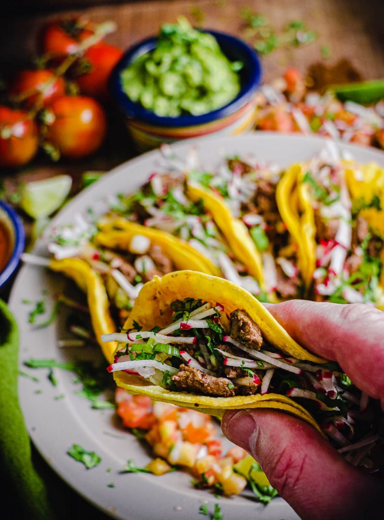 hand holding a Mexican street taco