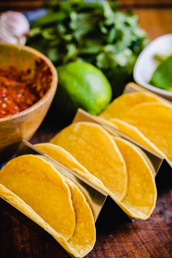 tortillas doubled for mexican street tacos in a taco holder