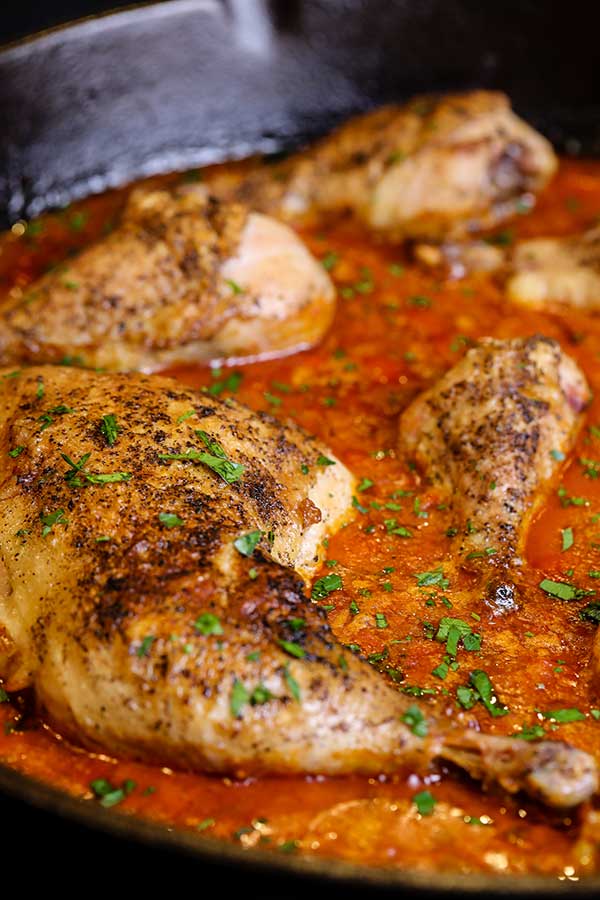 Pan-fried Smoked Chicken Paprikash in cast-iron skillet