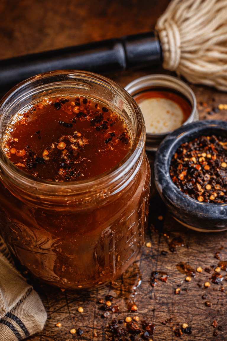 A jar of homemade, Eastern Carolina mop sauce with some red pepper flakes and a bbq mop.