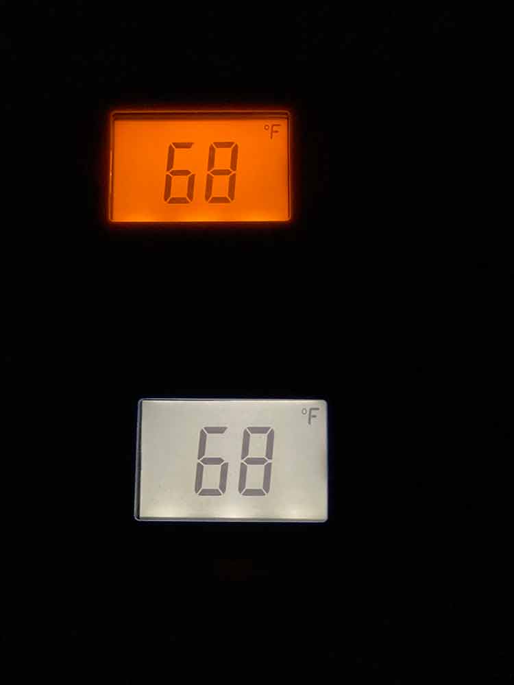 Darkness shows the difference between the bright backlight on the Thermapen One and the orange backlight on the Mk4.