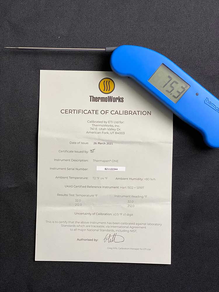 Certificate of Calibration for Thermoworks Thermapen ONE