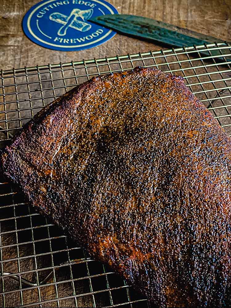 tri-tip with crisp outer bark, set aside while coals are stoked