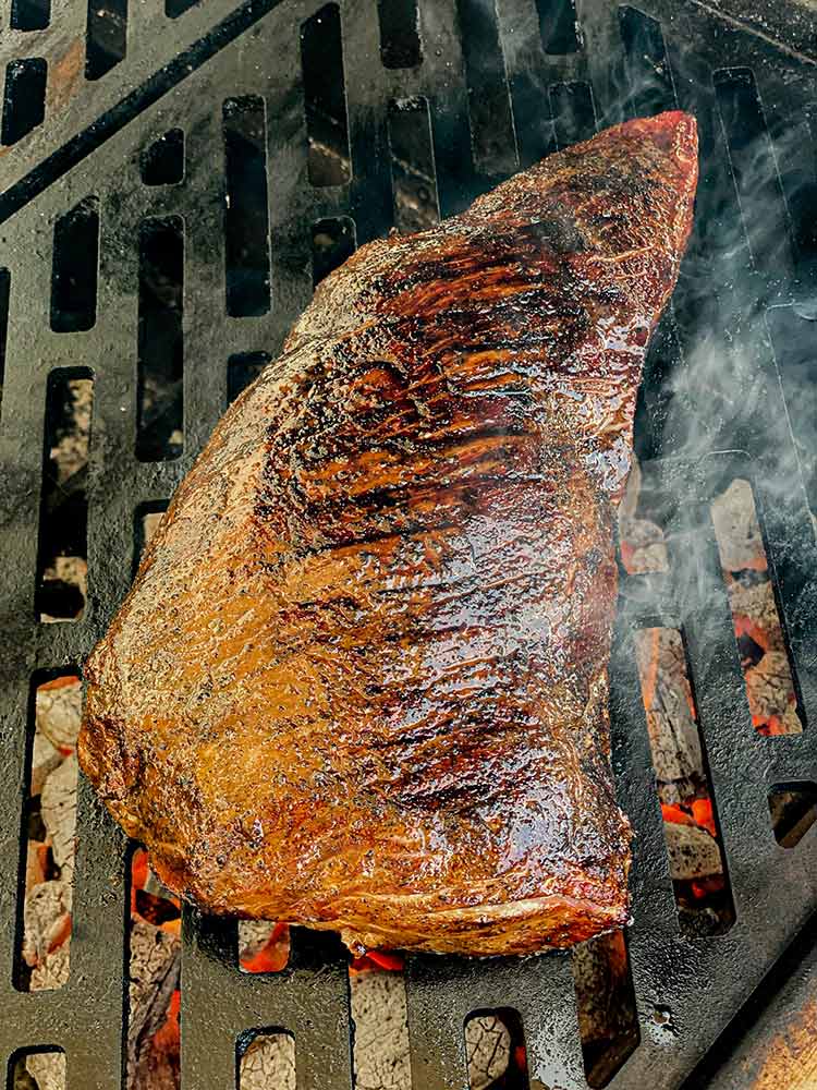 searing tri-tip on a grill