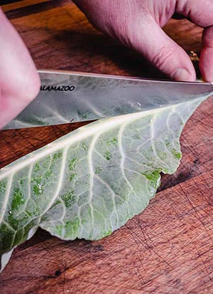 place your knife at the tip next to the spine of the collard green 