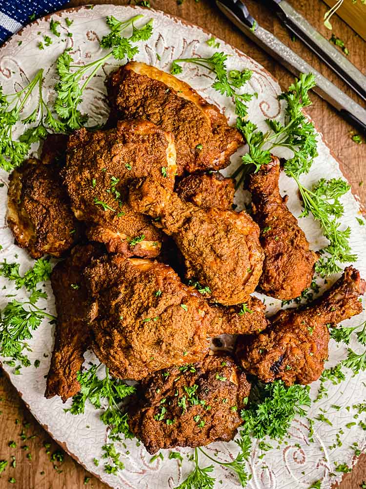 Smoke fried chicken on a platter