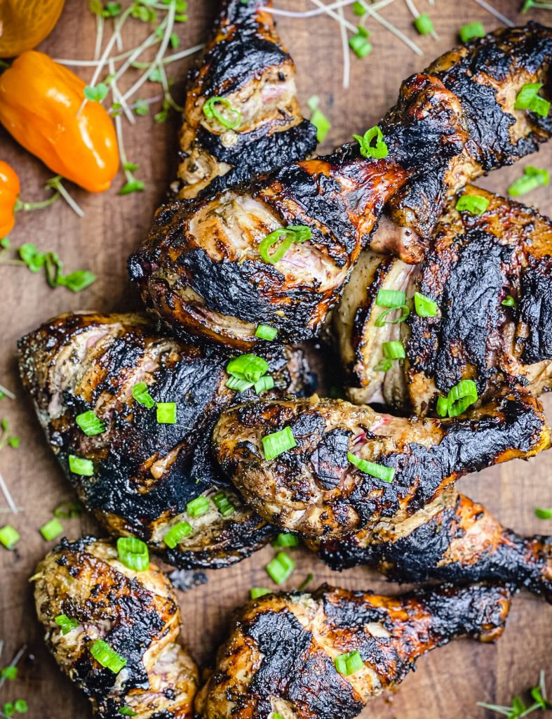 Caribbean jerk chicken on a cutting board