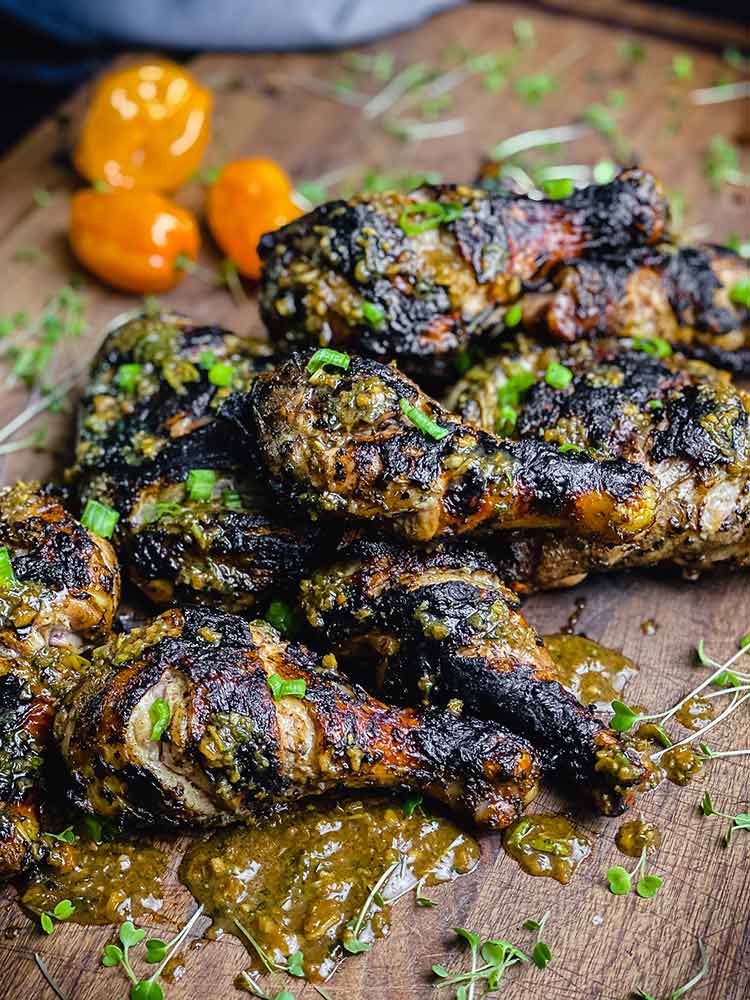 Jamaican chicken drizzled with jerk sauce