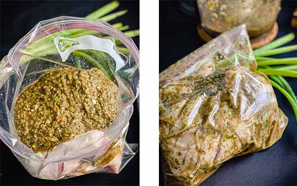 marinade poured over chicken in sealable bag on the left, and massaged into the pieces on the right.  