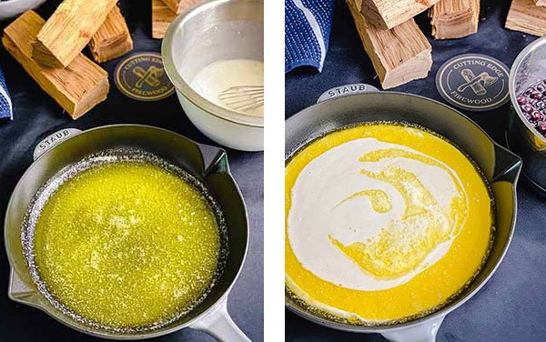 Butter melting on the left and cobbler batter added to the melted butter on the right. 