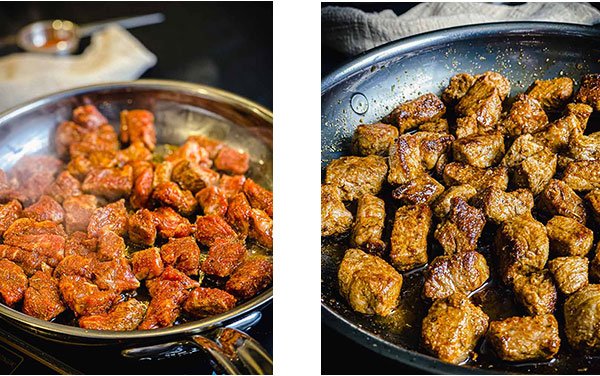 steak added to skillet on left and perfectly seared in skillet on right