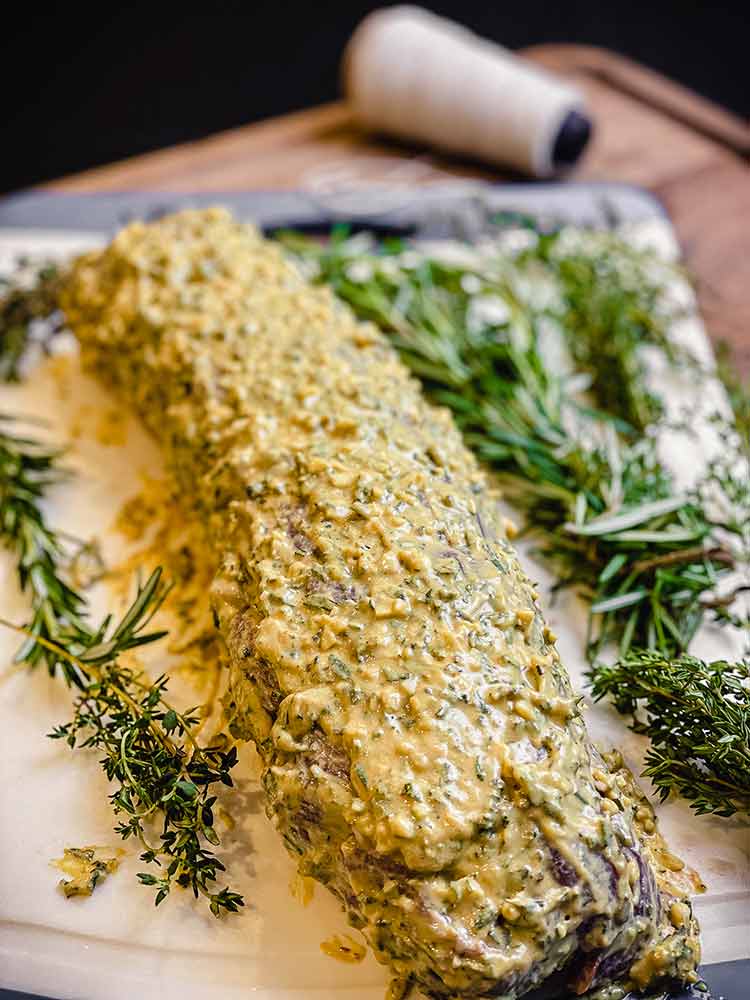 herb crust mixture applied evenly to center cut of beef