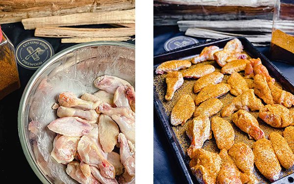 wings tossed with olive oil (left image) and seasoned evenly with a dry rub (right image)