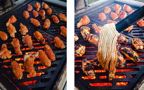 wings on the grill (left image) and a mop drizzling sauce over charred wings 