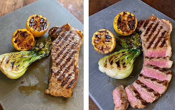 perfect grill marks on meat, lemons and veggies