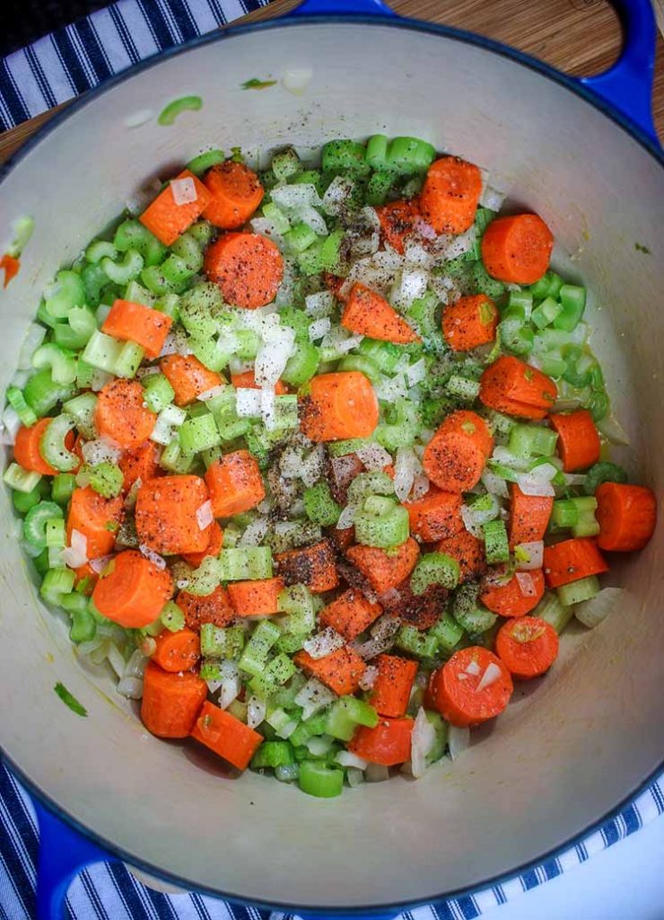 sauté carrots, onions and celery in Dutch oven