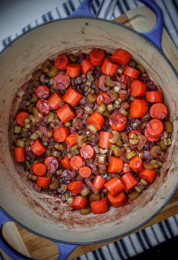 veggies and wine in dutch oven