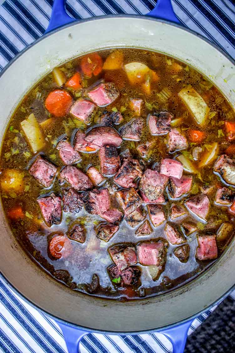  steak added to pot for beef stew