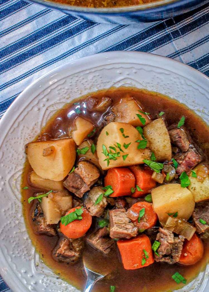 beef stew in a white bowl