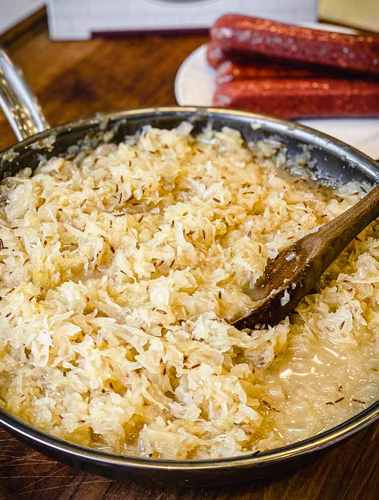 skillet of store-bought sauerkraut with seasonings