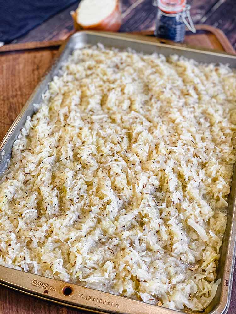 baking pan filled with sauerkraut