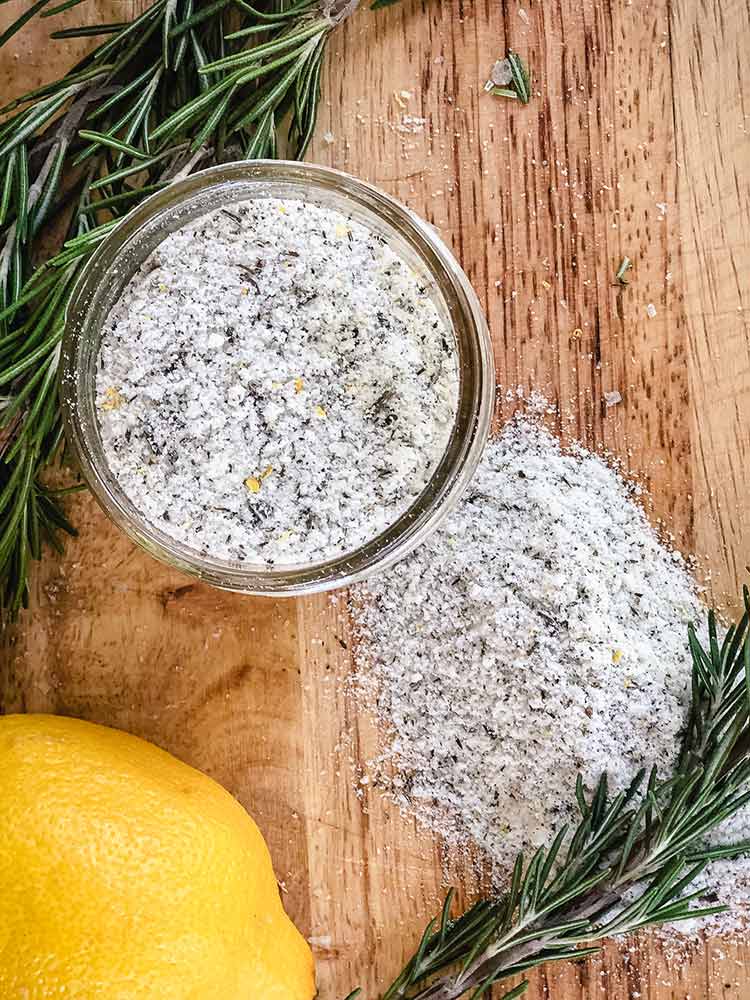 Homemade rosemary salt with fresh rosemary and lemon