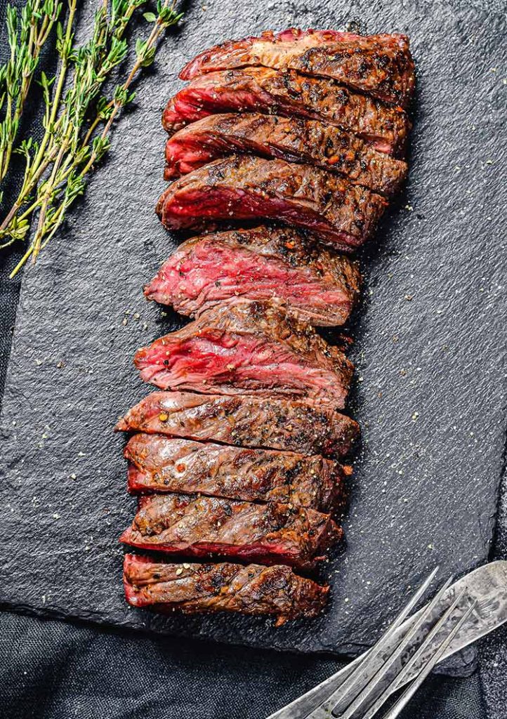 medium-rare skirt steak, seared and sliced 