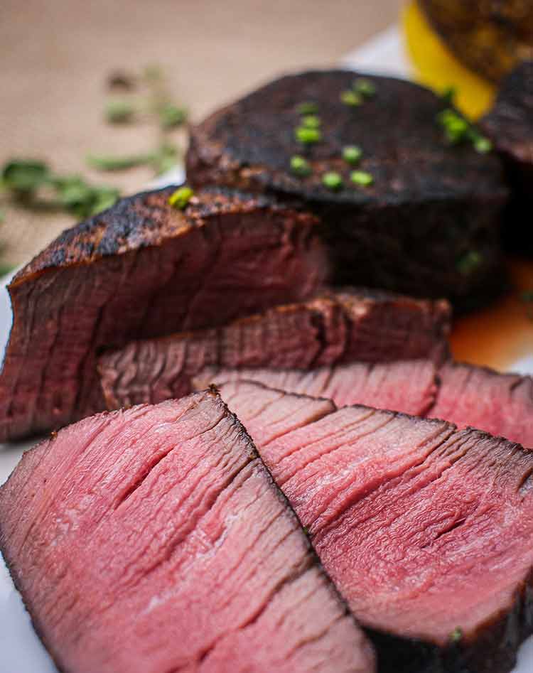 medium-rare beef sliced, close up shows texture