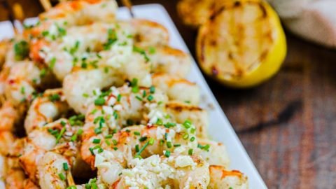 cooked Argentinian red shrimp on skewer