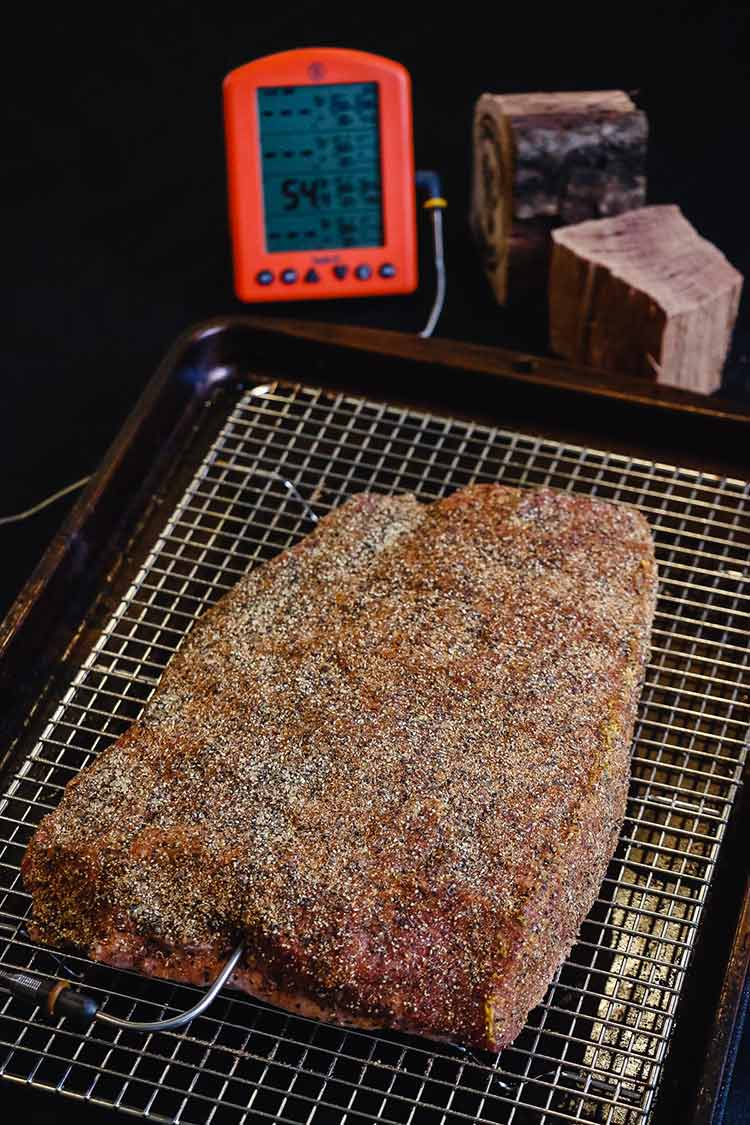 seasoned whole corned beef brisket on tray with leave-in thermometer in the background