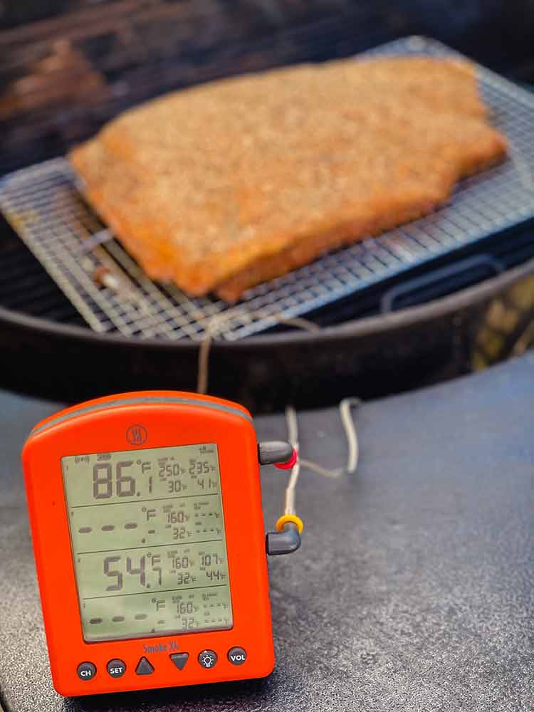 leave-in thermometer monitors brisket placed on the grillfor indrect heating