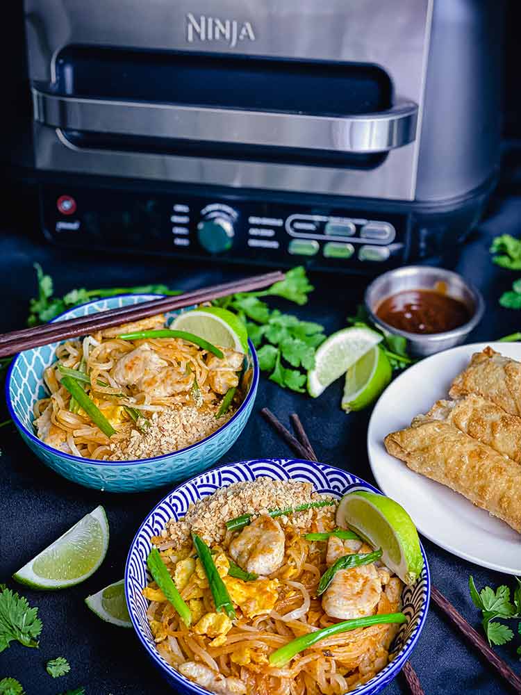 Pad thai and egg rolls in front of Ninja foodi smart grill