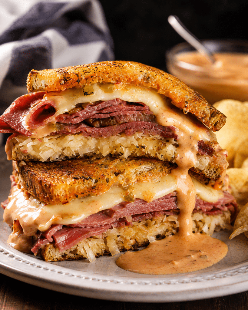 homemade reuben sandwich on a plate with dressing and chips