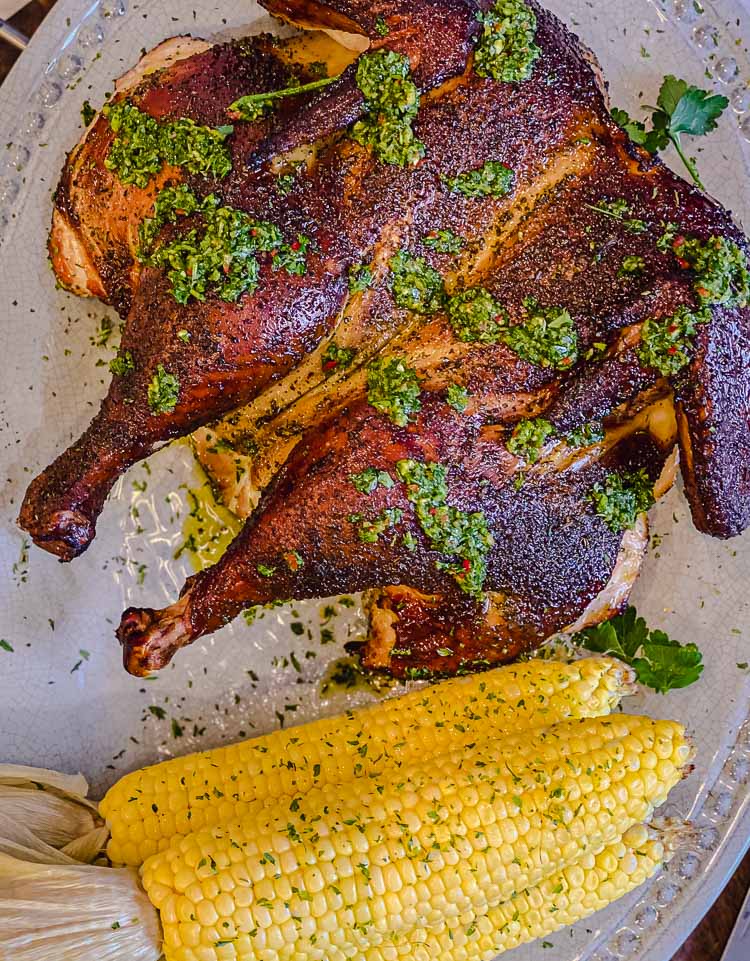 roasted chicken and corn with easy chimichurri sauce