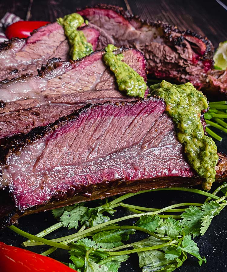 individual beef ribs, with chimichurri