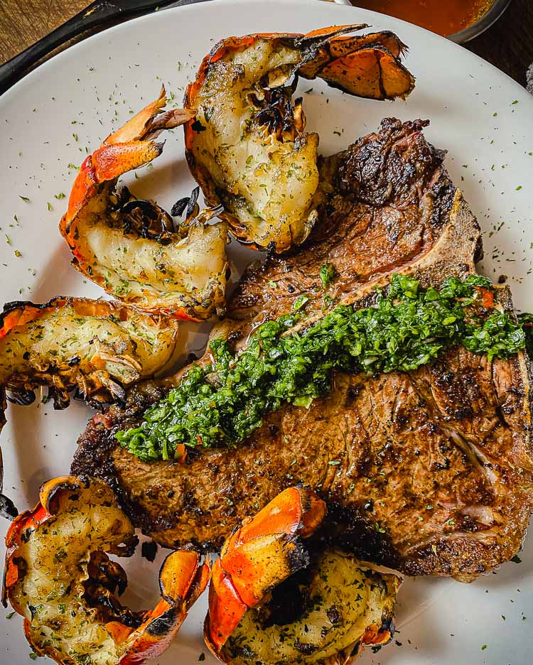 tbone steak and lobster with chimichurri sauce