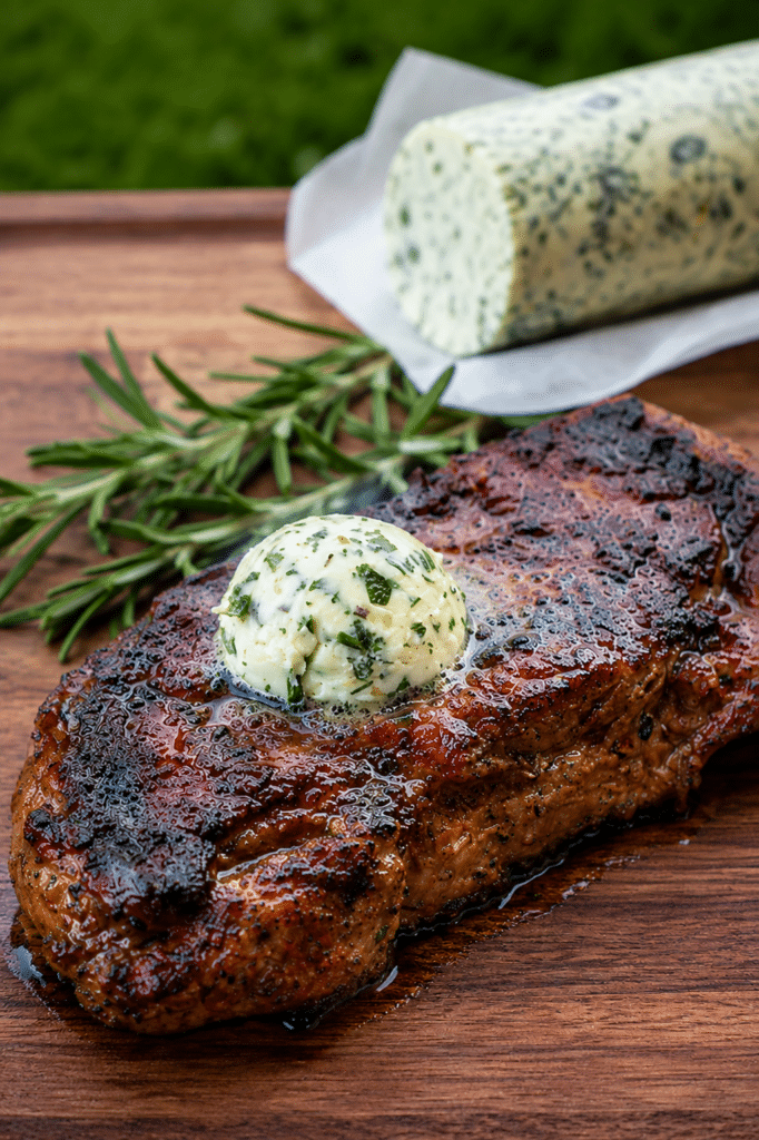 compound butter with roasted garlic melting on a NY Strip steak