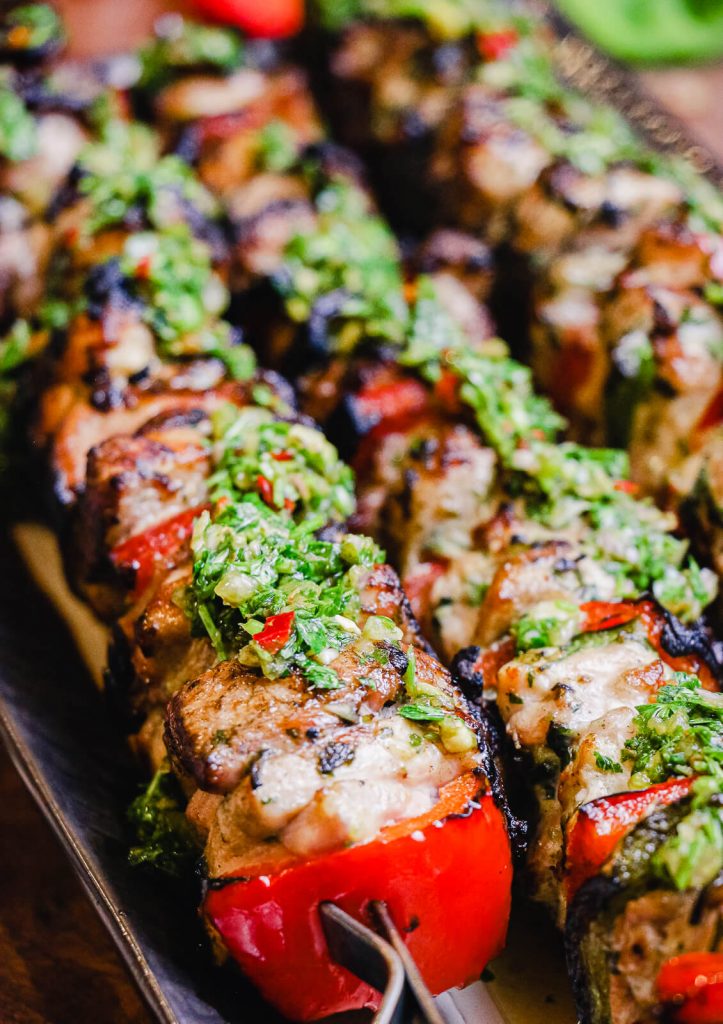grilled chicken kabobs dressed with chimichurri