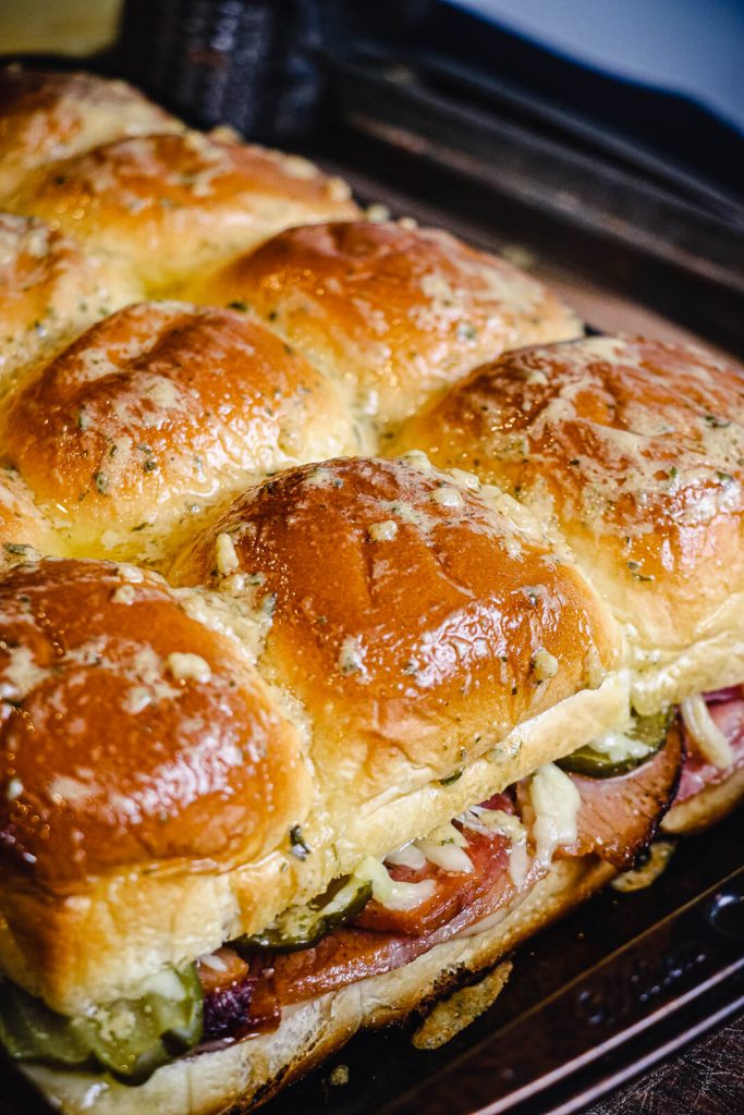 ham and cheese sliders in a pan