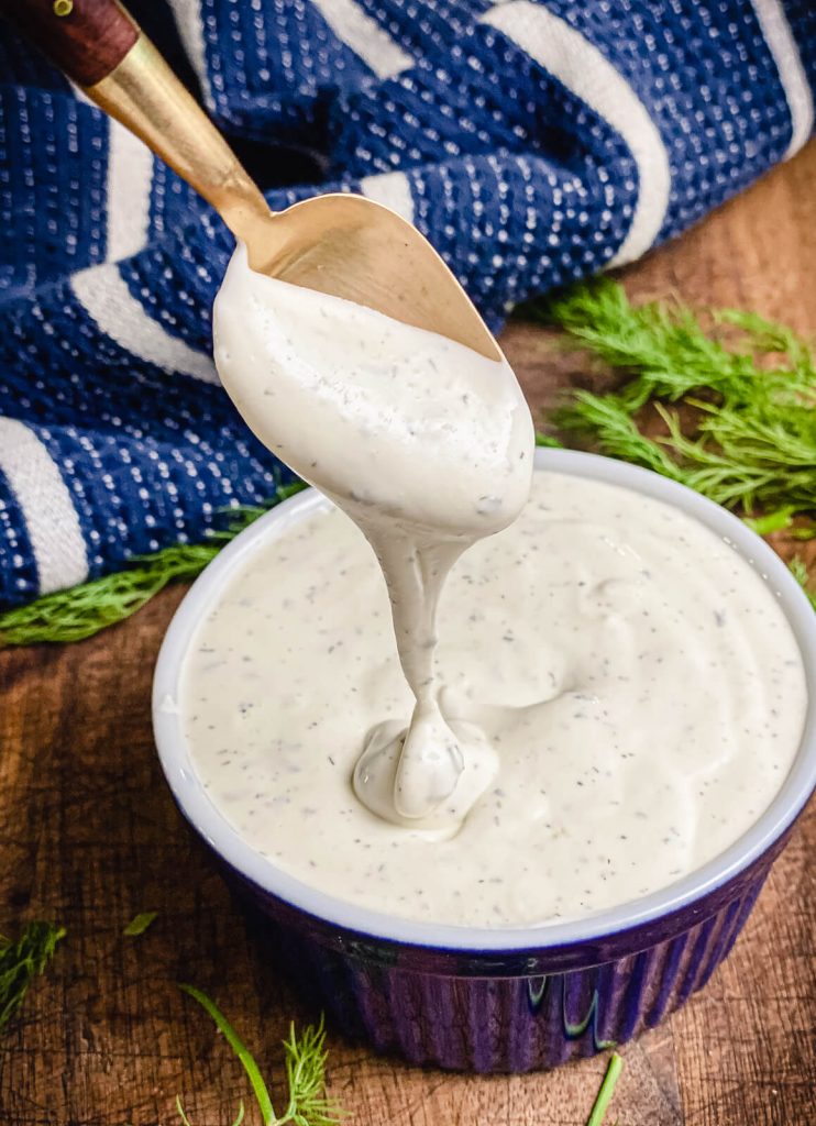homemade ranch dip in small dish with spoon