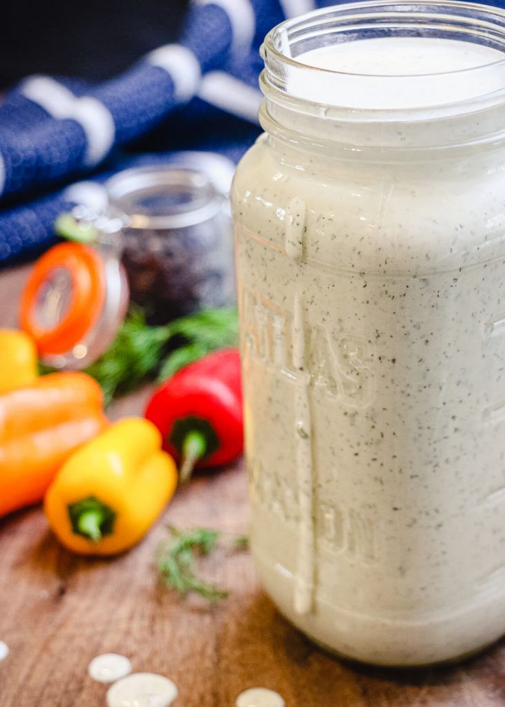 glass jar full of homemade buttermilk ranch dressing